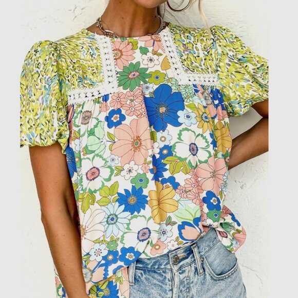 Boho Floral Print Lace Puff Sleeve Loose Fit Blouse - Picture 1 of 8